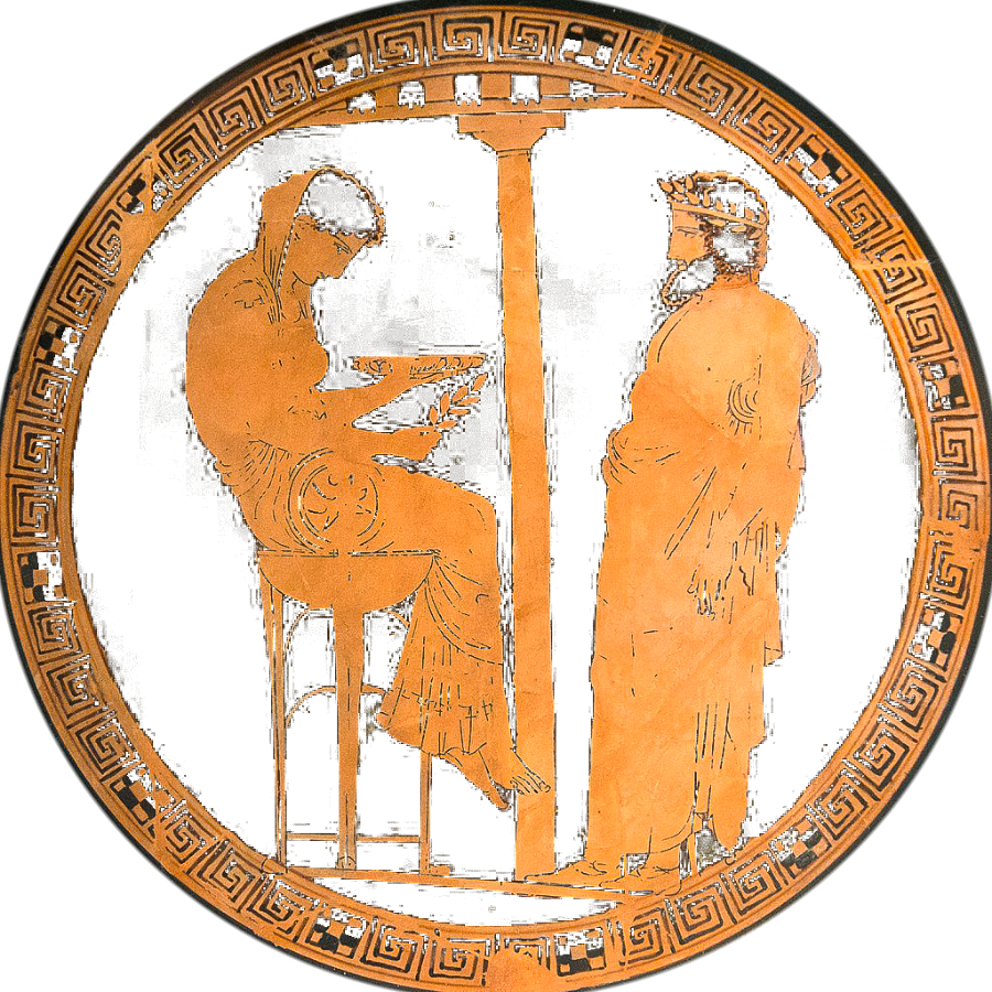 Greek vase painting depicting the Oracle of Delphi consulting a king.